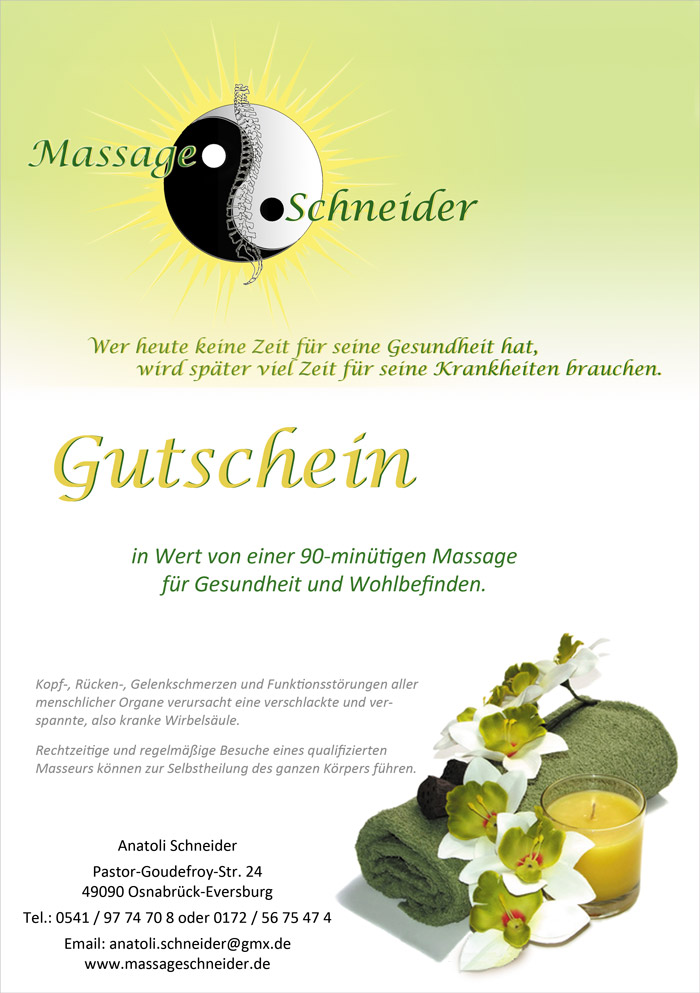 Gutscheine für eine Massage in Osnabrück erhalten Sie bei uns Gutschein von Ihrem mobilen Masseur aus Osnabrück